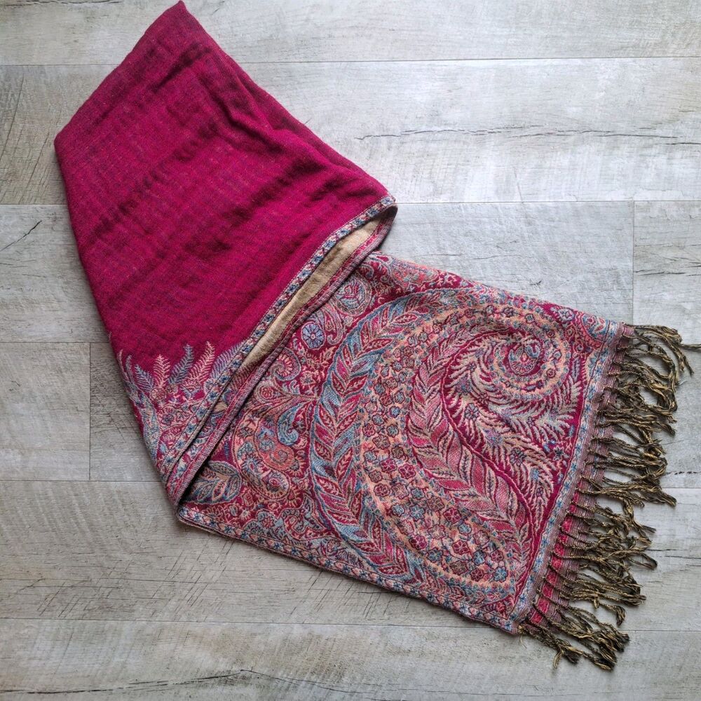 Pashmina Shawl Scarf Berry Pink Fuschia Fringe Floral Tapestry 68 × 26"